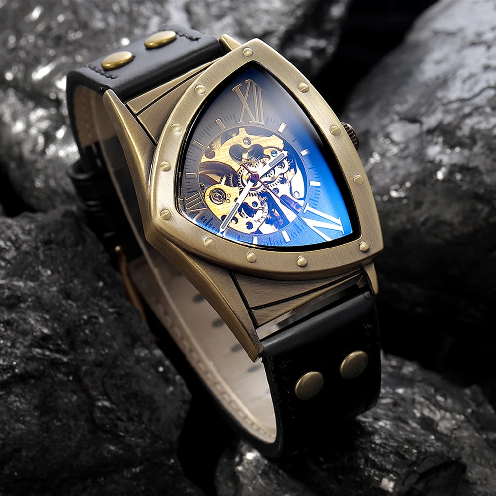 Fashionable personalized men's watch luminous hollow triangular dial antique copper color retro fully automatic mechanical watch