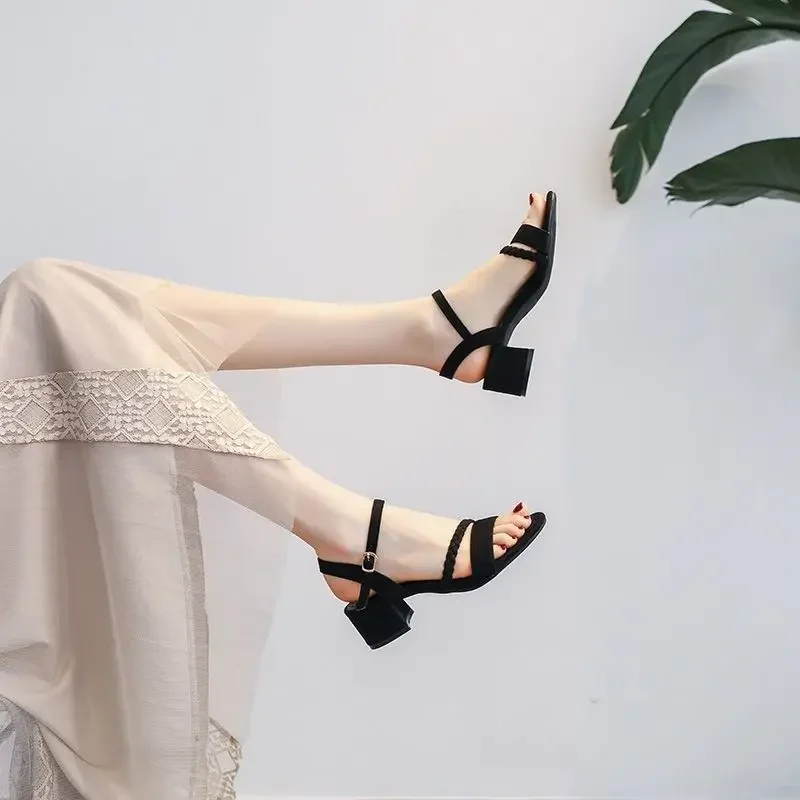 Apricot for Office Work Buckles Black Sandals Woman One Word Summer 2024 Women\'s Shoes with Strap Medium Heels Footwear High H F