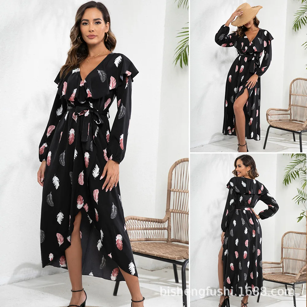 羽根プリントの蓮の葉襟ランタン袖ラップドレス、スリット入りビッグスイングドレス、ヨーロッパとアメリカの女性向けドレス