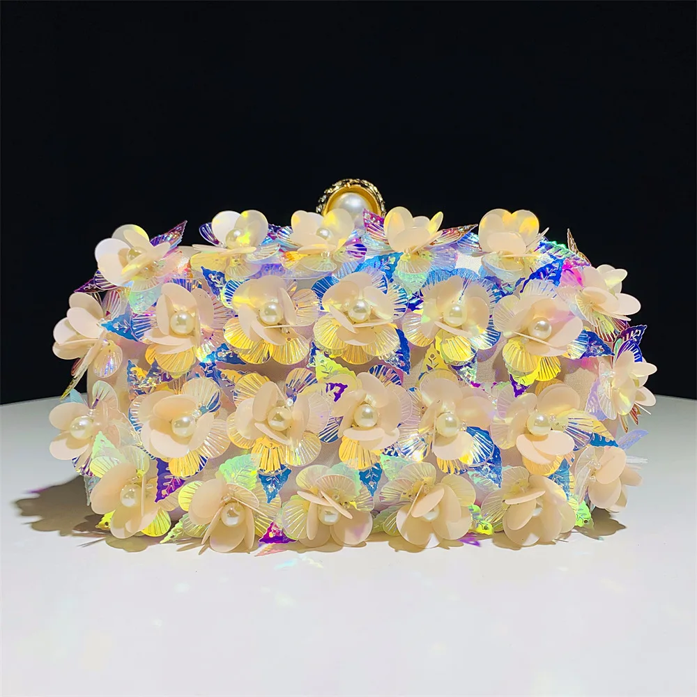 

Fashion Sequin Pearl Flower Dinne Party Evening Bags For Women Luxury Fine Small Clutch Bridal Purses Chain Shoulder Bag Banquet