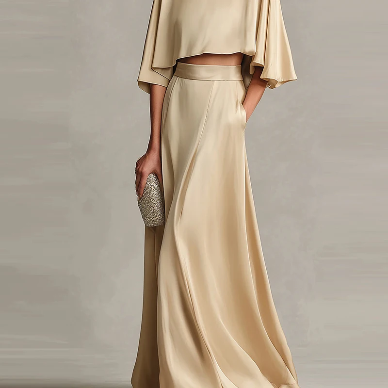 

Casual O-neck Half Sleeve Tops&Long Skirts Sets Spring Summer New Satin Solid Color Outfits Elegant High Waist Pocket Skirts 2PC