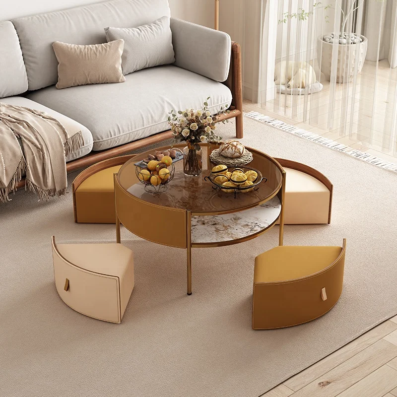 Creative Leather Glass Round Tea Table With Stool Modern coffee Table