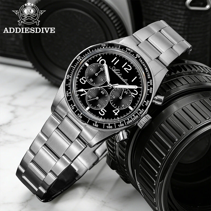 

ADDIESDIVE Men Watches 0S20 Chronograph Quartz Wristwatch 100m Waterproof Luminous Bubble Crystal Ceramic Bezel 316L Steel Watch