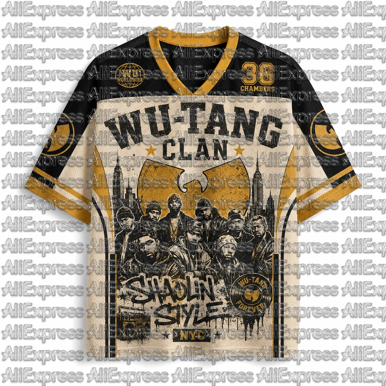 Wu Tang Clan Shaolin Style 36 Room Pattern Men's Mesh V-neck T-shirt Retro New York Hip-hop Rap Street Sports Top