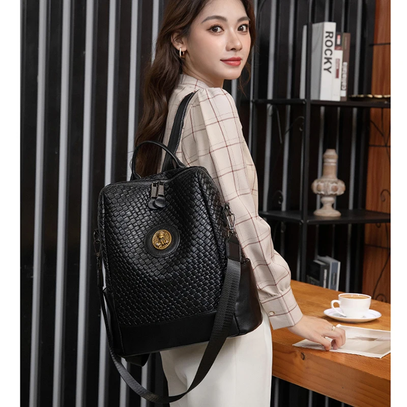 2024 New Women\'s Backpack Designer High Quality Soft Leather Simple Weave Fashion Backpack Large Capacity Shoulder School Bags