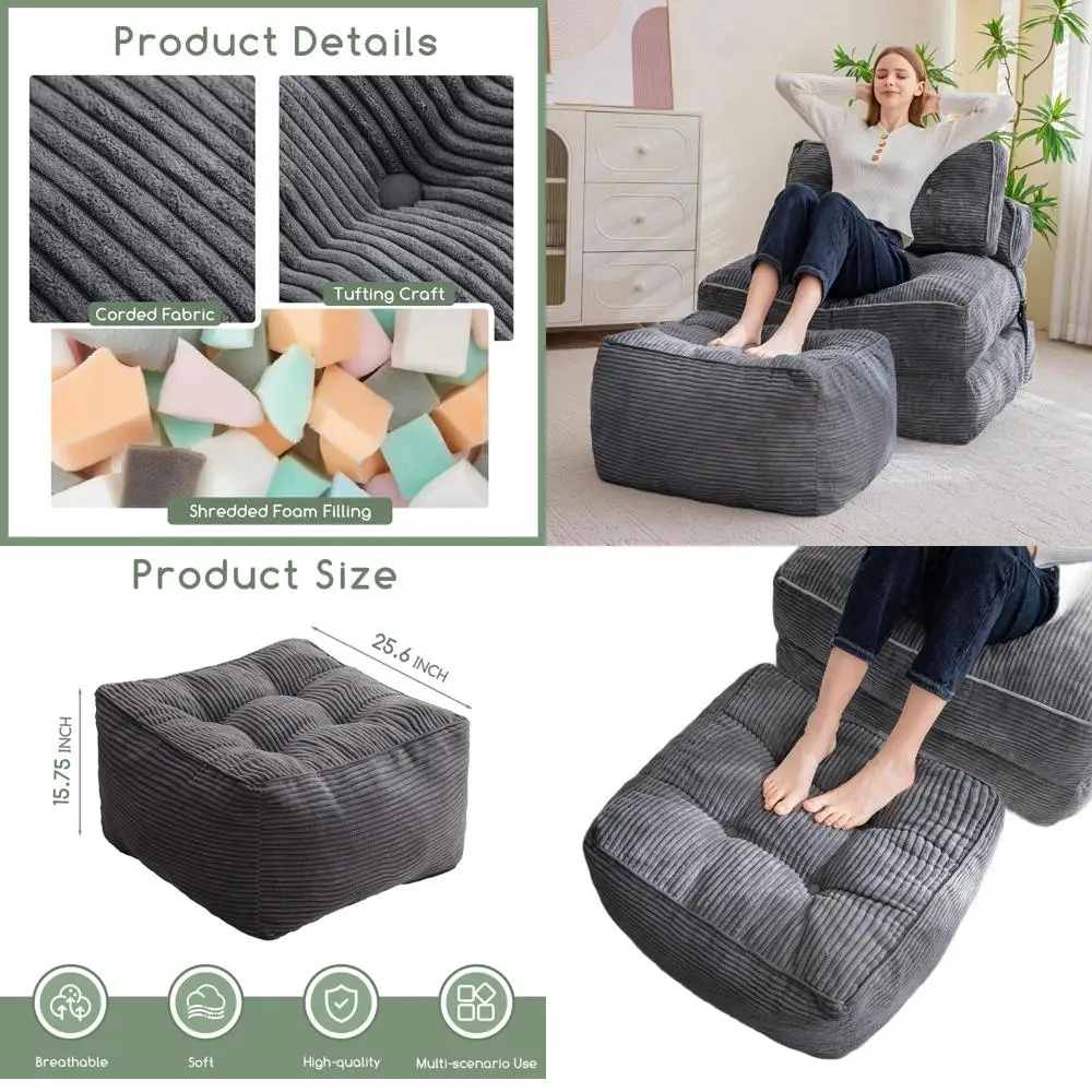 

Furry Corduroy Ottoman with Foam Filling, 25.6 Square Foot Rest for Living Room, Dark Grey