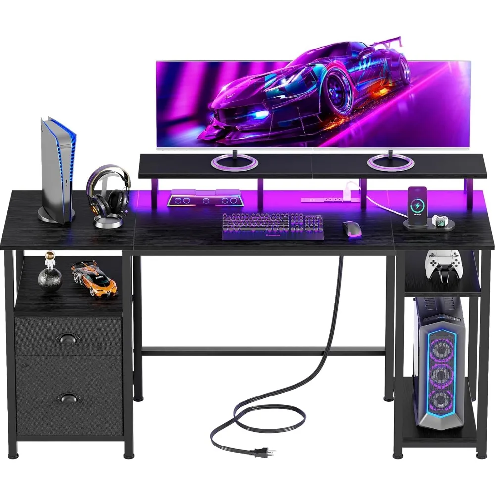 

61 inch Desk with Power Outlets, Gaming Desk with LED Lights, Computer Table with Fabric Drawer and File Cabinet, Home Office T