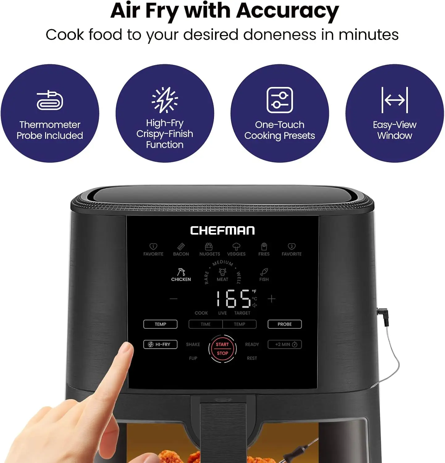 5-Quart Digital Air Fryer with Temperature Probe, 8 Customizable Cooking Presets, Large Easy-View Window, Give Your Food  Black