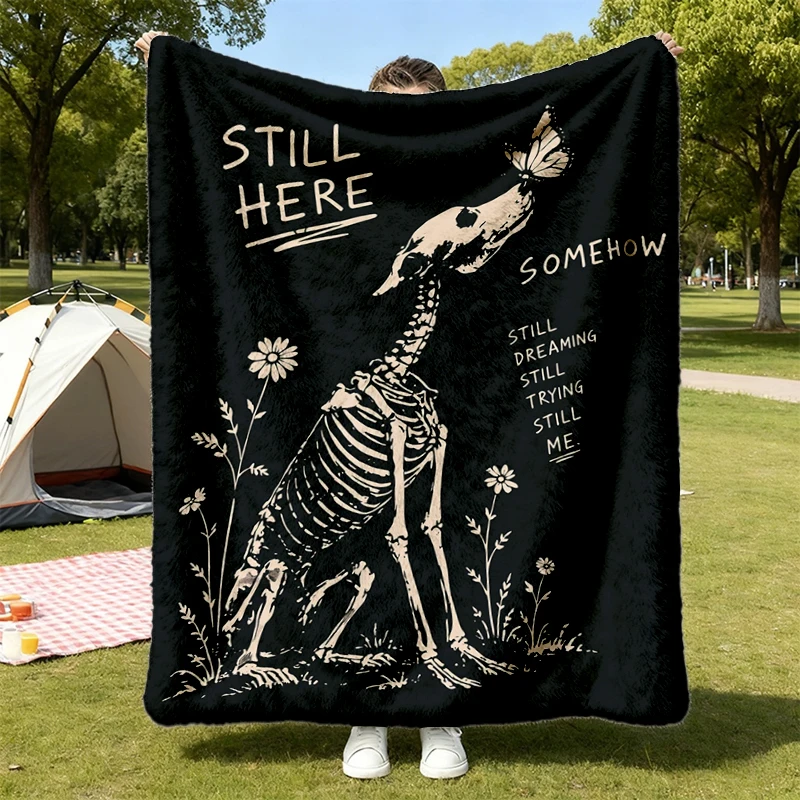  Still Here Dog Skeleton Flannel Throw, Gothic Halloween Dog Warm Blanket Cozy Blanket, Vintage Skeleton D