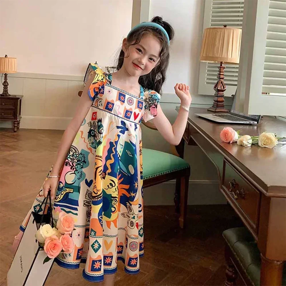 

Daily Casual Party Clothes 3-11 Year Old Girls' Summer New Fashionable Square Collar Flying Sleeves Graffiti Princess Dress