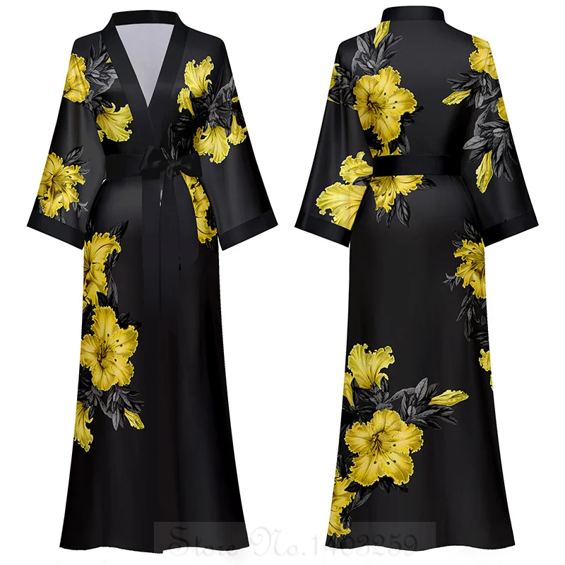 Plus Size Female Long Robe Sleppwear Print Flower Kimono Bathrobe Gown Loungewear Spring Summer Loose Casual Satin Home Dress