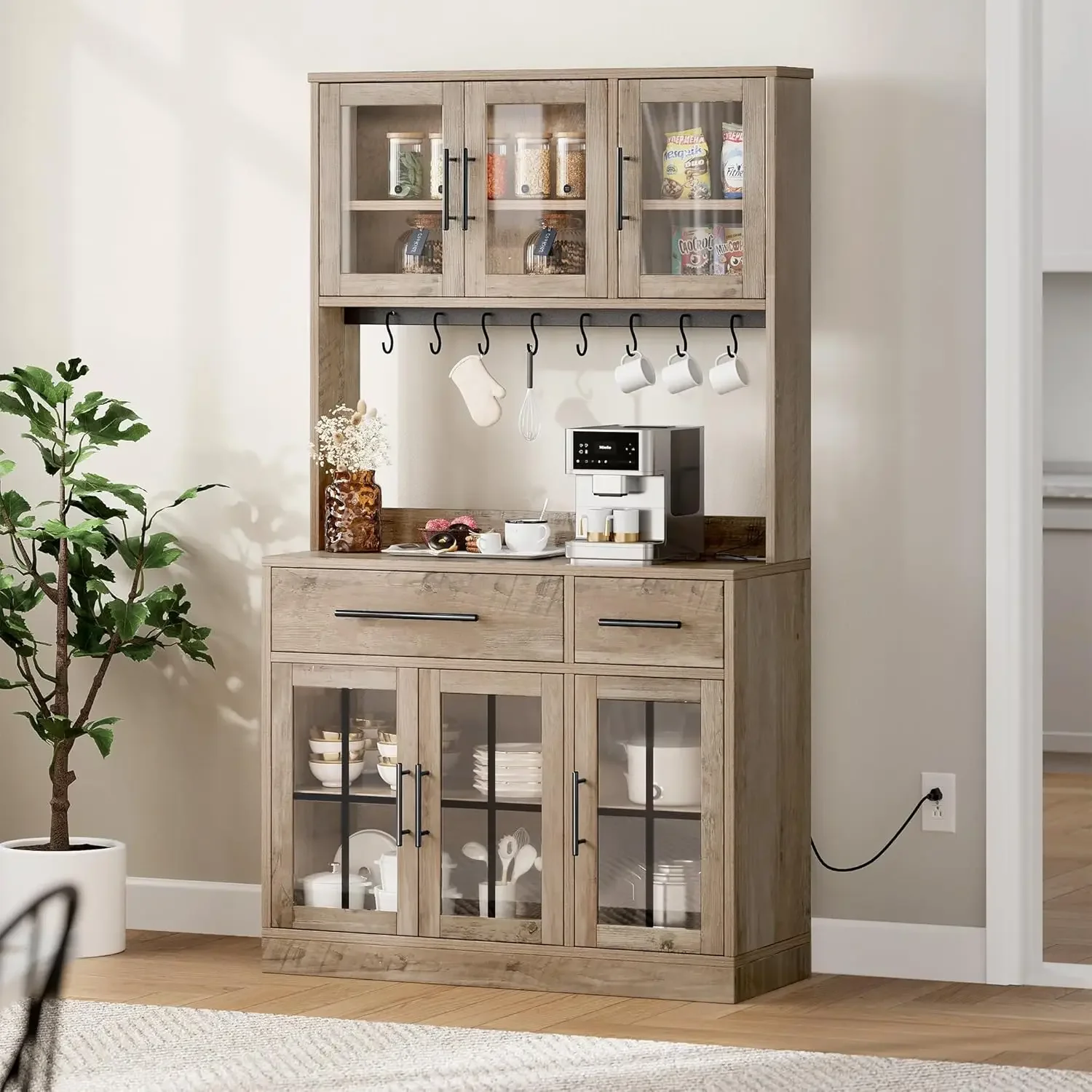 71" Farmhouse Kitchen Pantry Storage Cabinet with Power Outlet, Freestanding Hutch Cabinet