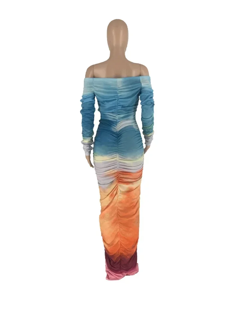 GUWU グラデーションタイダイプリント オフショルダー 長袖 マキシ丈 ロング ミディ丈 ボディコン ラッフルドレス セクシー パーティー クラブ レディース ワンピース