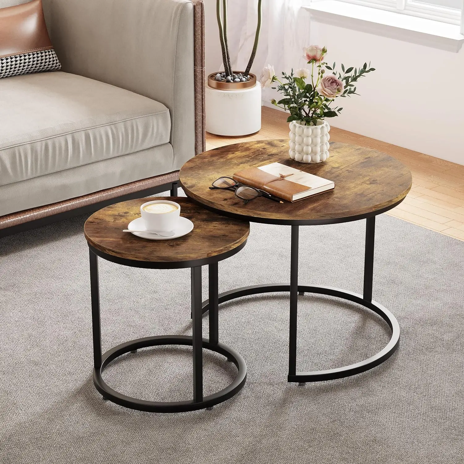 Mesa de centro assentamento conjunto de 2, 23.6 "Round Rustic Wood Top, Pés antiderrapantes ajustáveis, Madeira industrial