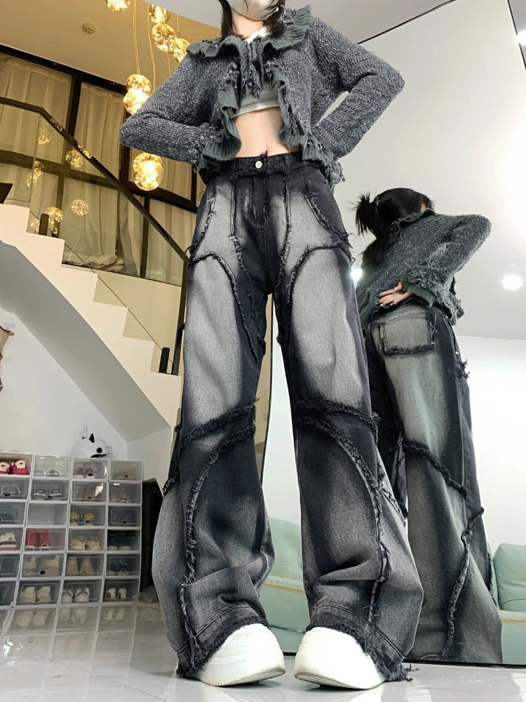 Deeptown Y2k Vintage Jeans Women Wide Leg Pants High Waist Hip-hop Streetwear Black Trouser Retro Baggy Denim Pants Aesthetics