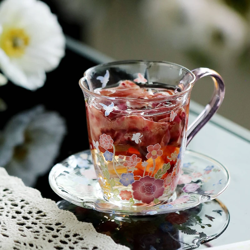 LTT Flowery Glass Coffee Cup and Saucer Set Chinese Afternoon Tea Set Tea Set Tea Cup