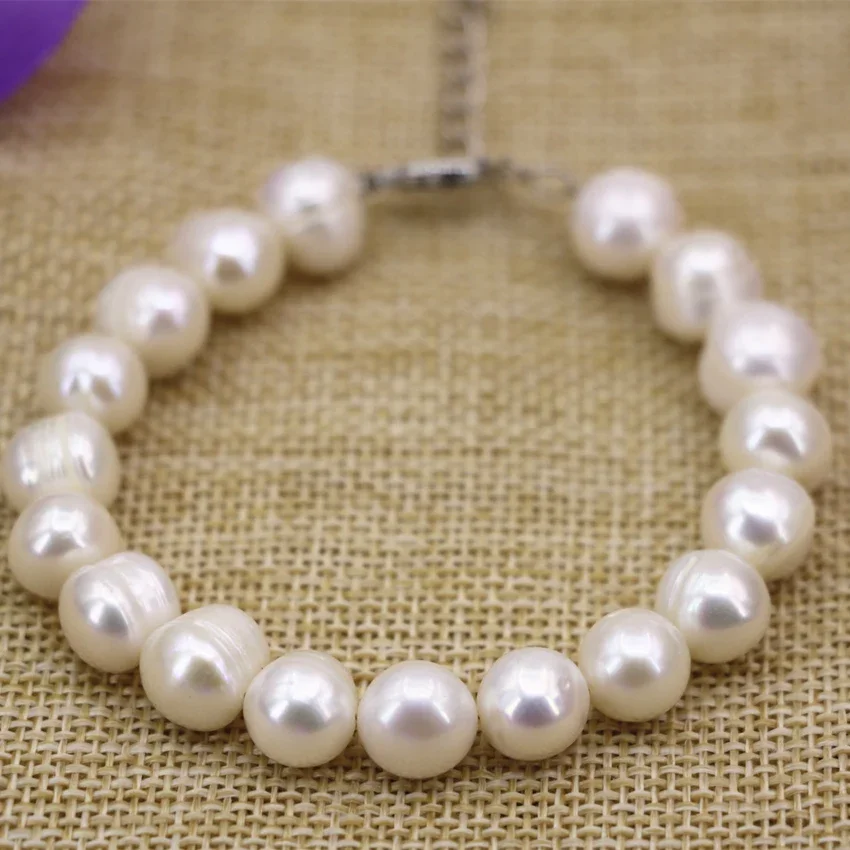 

Hot sale natural 10-11mm white freshwater pearl thread nearround beads bracelet bangle women fashion diy jewelry 7.5inch B