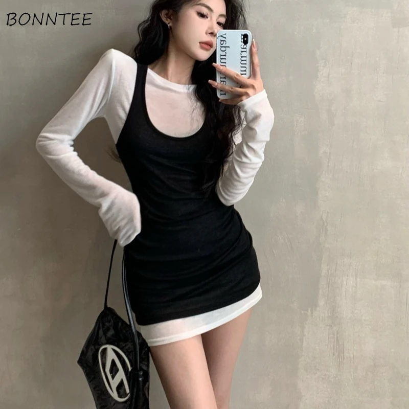 

Women Sets Chic Long Sleeve T-shirt Solid Vest 2pcs Korean Fashion Daily Office Lady All-match Spring Popular Simple Trendy Y2k