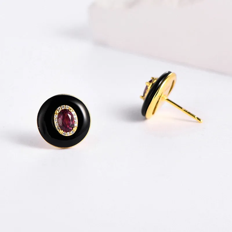 Black Agate Red Garnet 925 Sterling Silver Stud Earrings For Women 2023 New Simple Minimalism Gemstone Small Earrings Gift