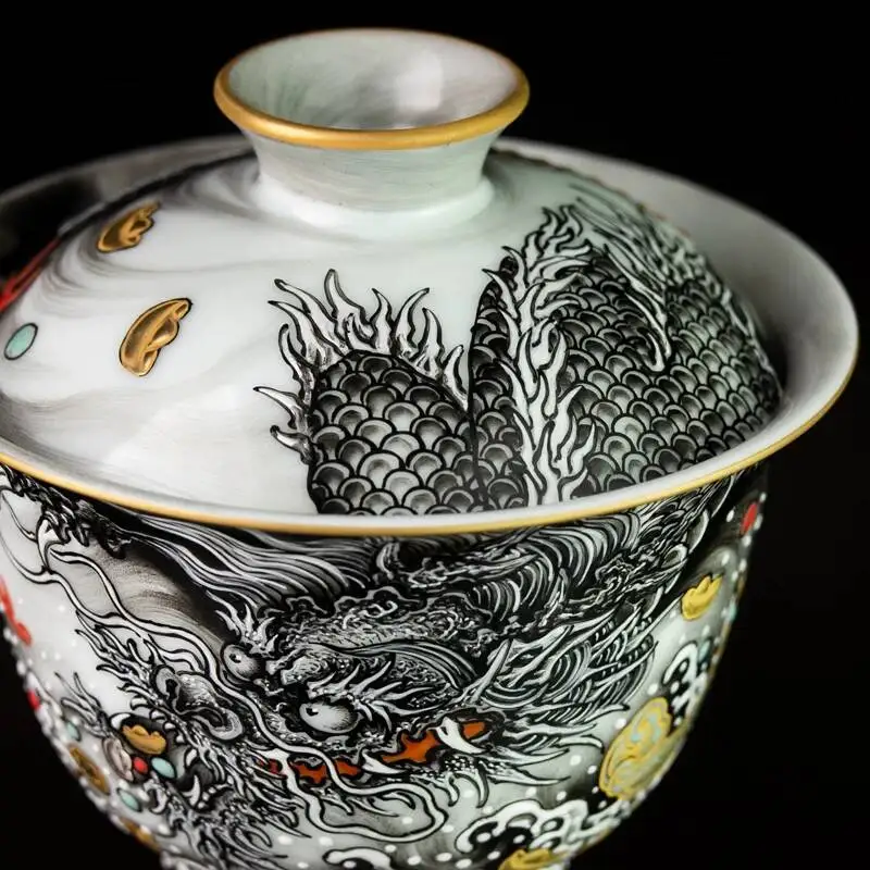 Sacred Mountain Jingdezhen Pastel Ink Dragon Treasure Bowl Hand-Painted Gaiwan Ceramic Set For Brewing Tea