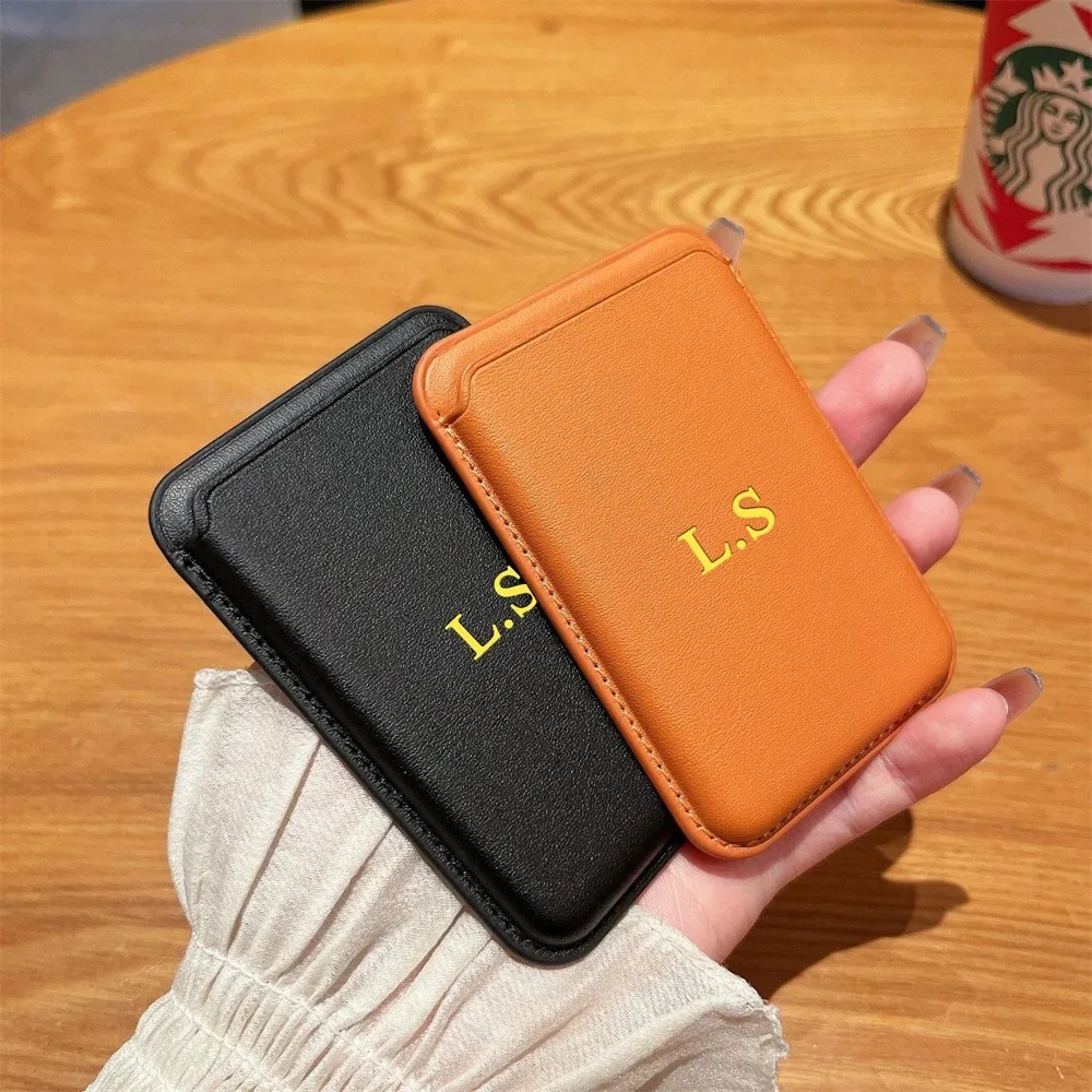 Customized Name Magnetic Leather Card Slot For Phone 12-17 Pro Max Pro Plus Mini Wallet Card Holder Bag Phone Case Accessories