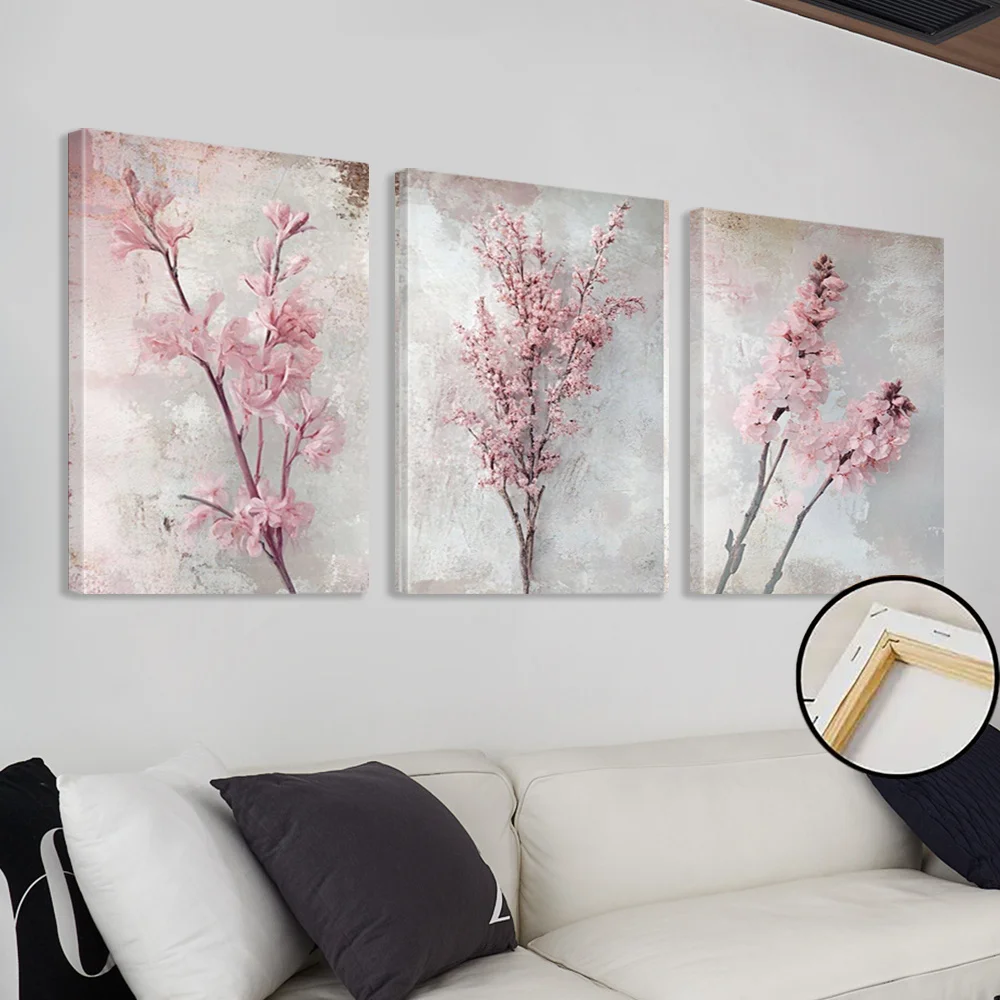 Frameless3pcs Framed Botanical Poster, Pink Flowers Canvas Print Wall Painting, Brushstrokes Poster, Floral Art Prints, Abstract