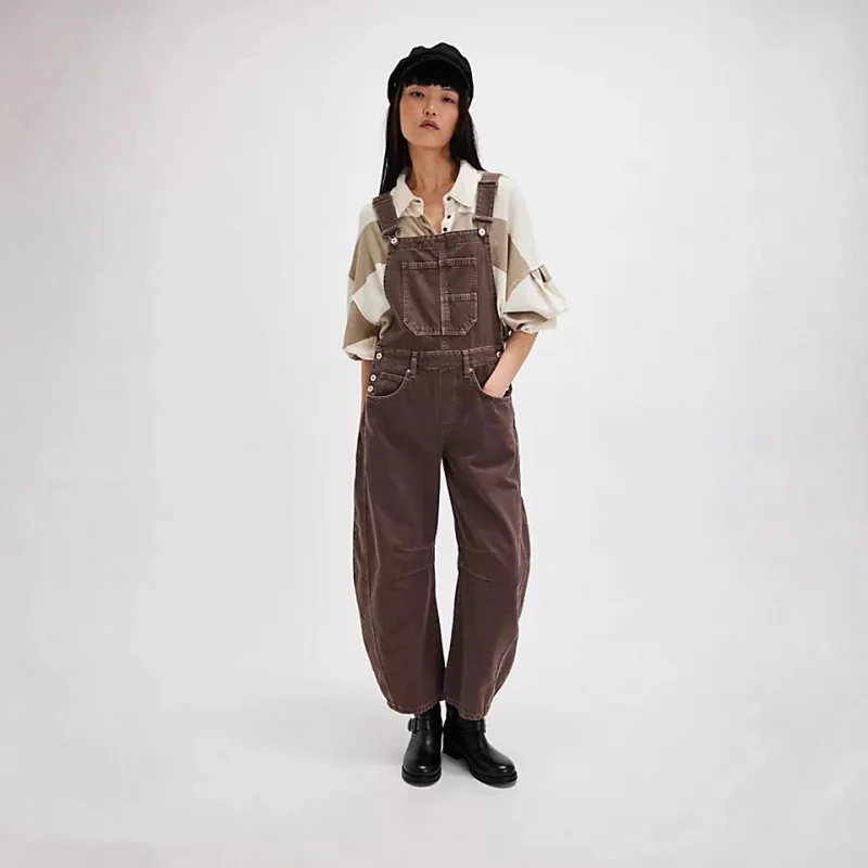 Street Style Nieuwe Gewassen Retro Loose Fit Herfst Winter Rechte Dames Cargo Jeans Met Bandjes Lange Broek Dames