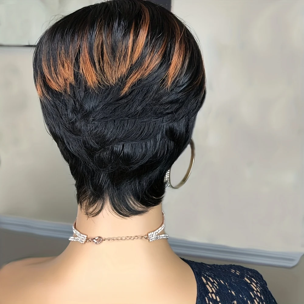 1B/30 カラーストレート人毛ウィッグピクシーカット人毛ウィッグ前髪フルマシンメイドウィッグオンブルカラーウィッグ