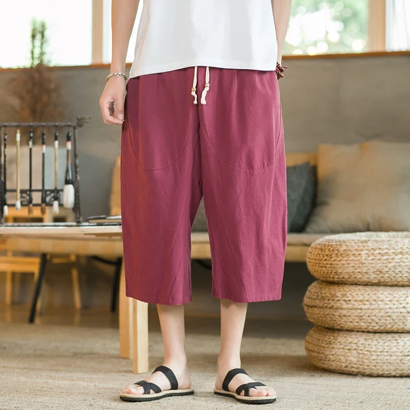 Chinese Style Summer Men Linen Pants 2024 Men Wide Leg Trousers Male Drop Crotch HipHop Man Joggers Calf-Length Pants Track Pant