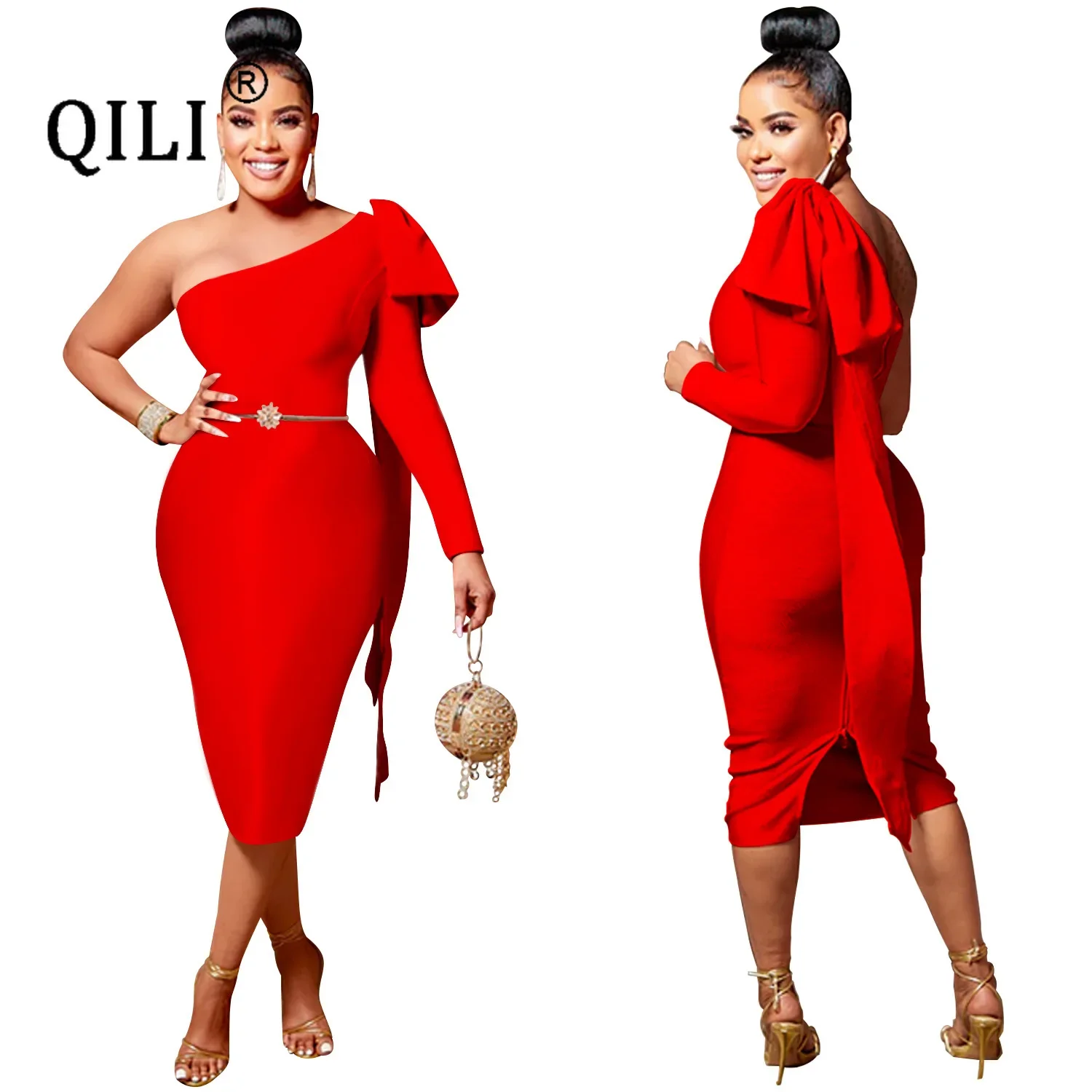 

QILI-One Shoulder Bandage Dress, Blue, White, Black, Red, Yellow, Elegant Lady Temperament Dresses, Bodycon, Slim Waist