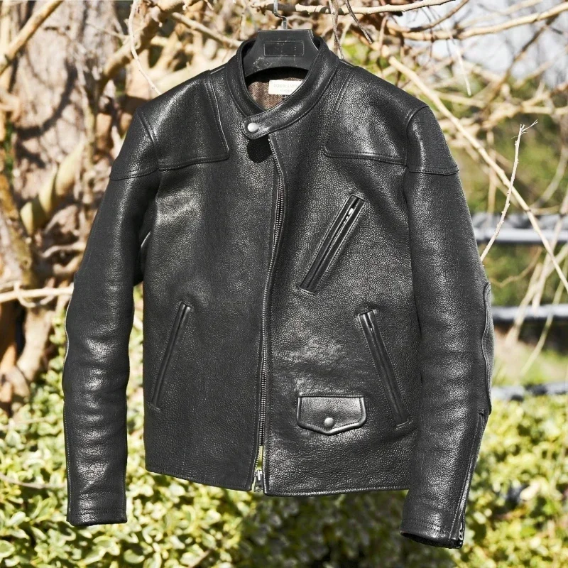 YOLANFAIRY سترة جلدية أصلية للرجال 1.6 سميكة كاملة الحبوب طبقة علوية من جلد البقر سترة كلاسيكية للرجال سترة جلدية ضيقة للرجال