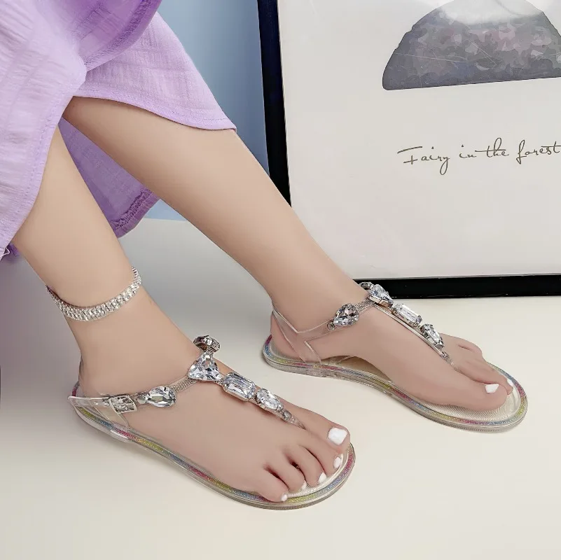 

Summer Women Sparkling Transparent Jelly Strap Sandals Flat Soft Anti-slip Flip-flops Girls Student Mule Slippers Everyday Wear