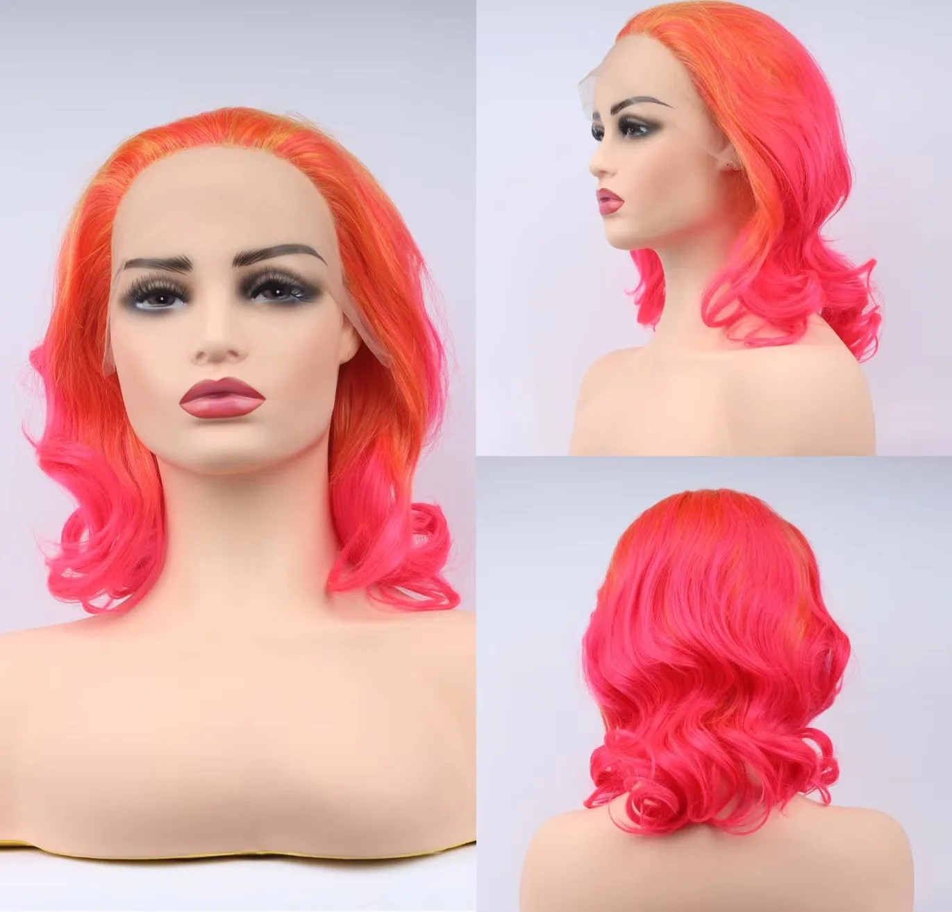 

Soft loose Wavy Shoulder Synthetic Length 16inch Lace front wig Yellow Root Orange Pink Wavy Wig Women's natural hair line wig