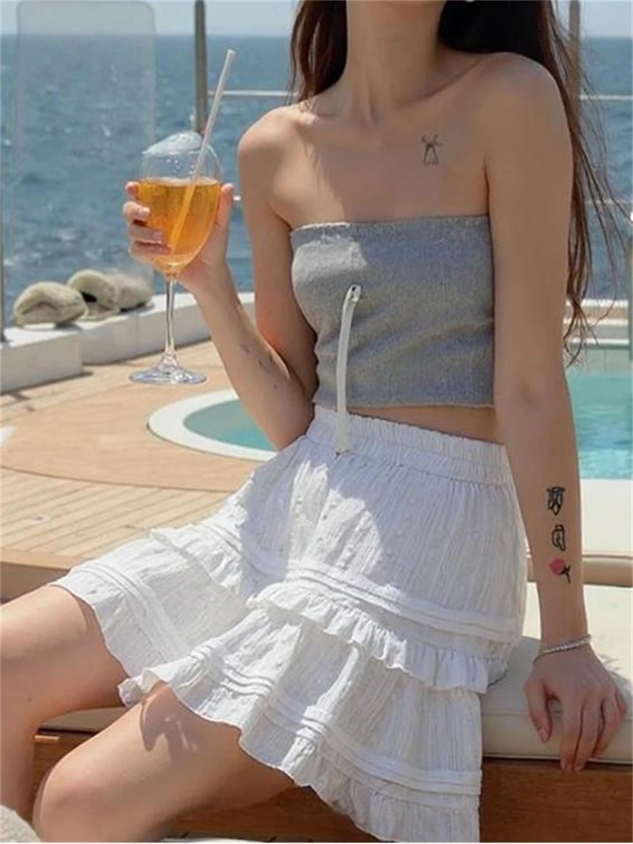 

Мини-юбки женские трапециевидные плиссированные с оборками однотонные корейский стиль с высокой талией Y2K элегантные универсальные студенческие повседневные женские мешковатые шикарные