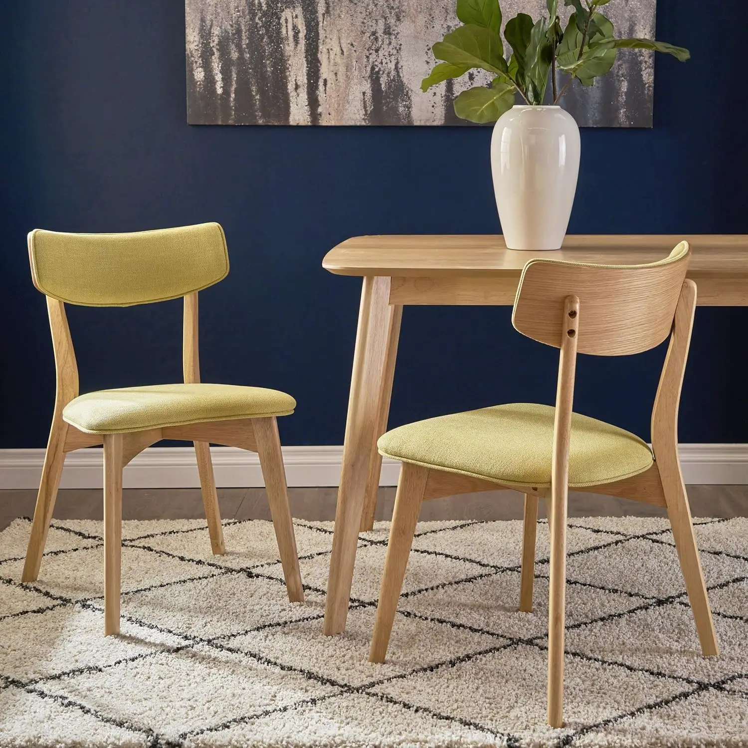 Mid-Century Modern Fabric Dining Chairs with Natural Oak Finished Rubberwood Frame, 2-Pcs Set, Green Tea / Natural Oak