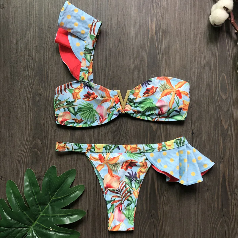 

High Quality Stylish Swimsuit New Vintage Print Split Swimsuit Women's Two-Piece Bikini Peplum Bikini Size S-L