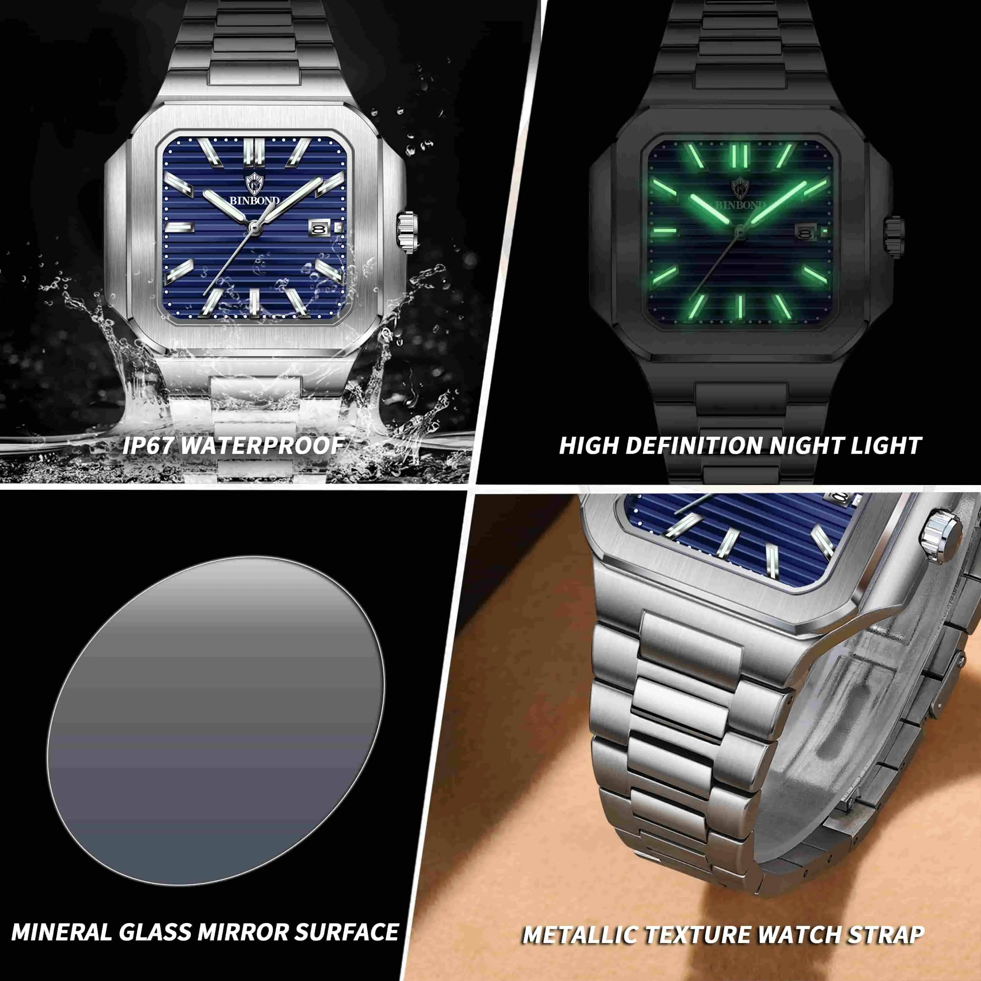 BINBOND Mode Mannen Horloge Lichtgevende Waterdichte Chronograaf Datum Man Horloge Vierkant Roestvrij Staal Quartz heren Horloges Reloj
