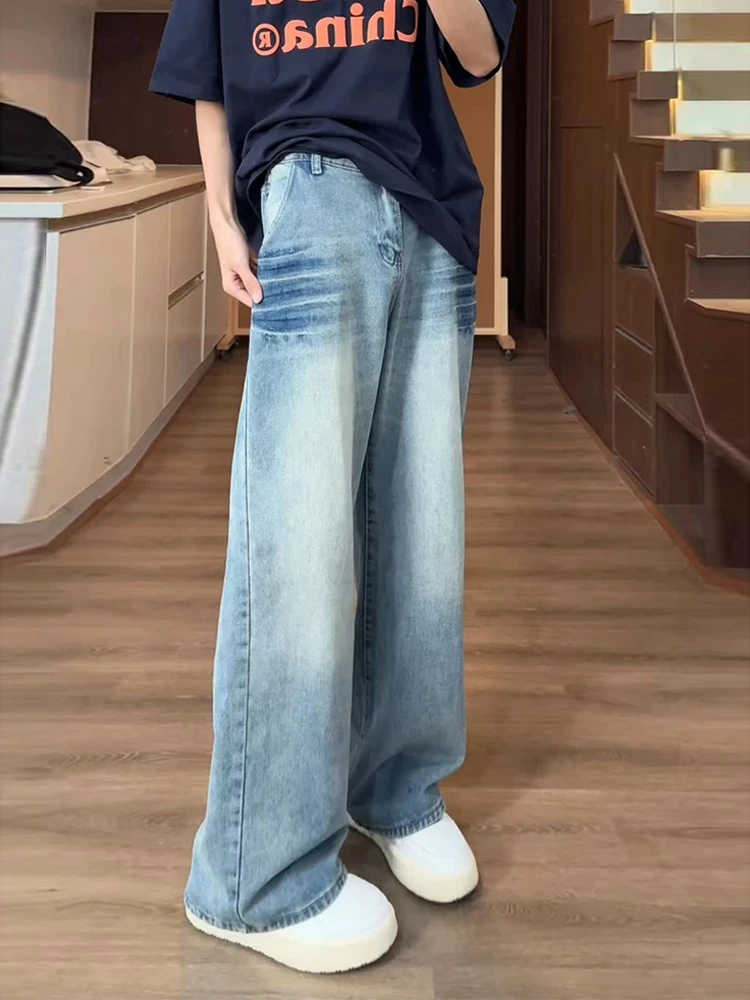 

Light Blue Lightning Pattern Flared Jeans High Waist Straight Leg Pants Youthful Trendy Wear Resistant Loose Fit Long Trousers