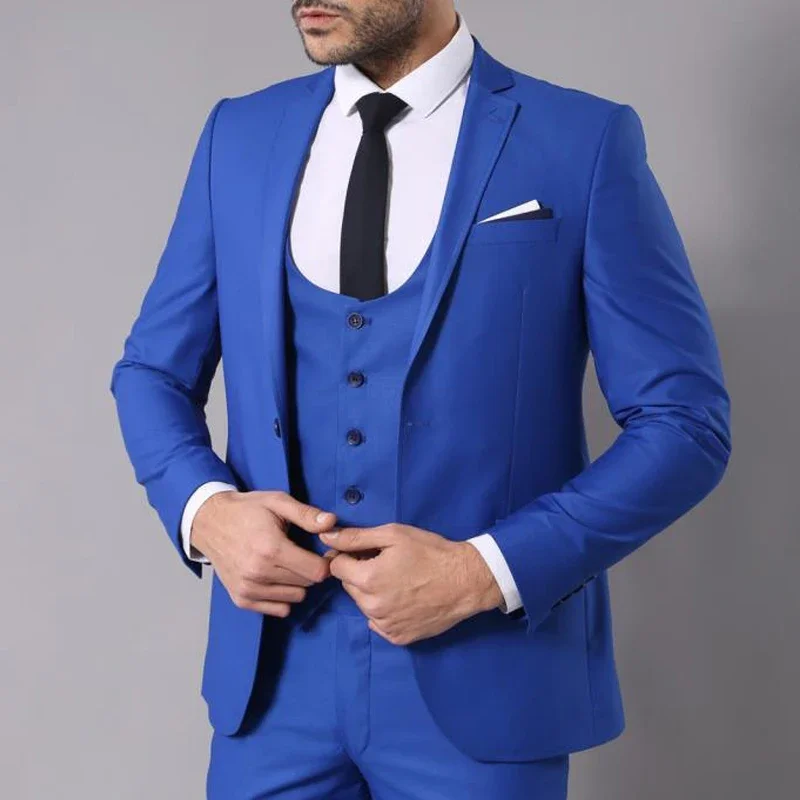 

Business Men Suits Slim Fit Royal Blue Wedding Tuxeo for Groomsmen 3 Piece Jacket Vest with Pants Office Male Fashion Costume