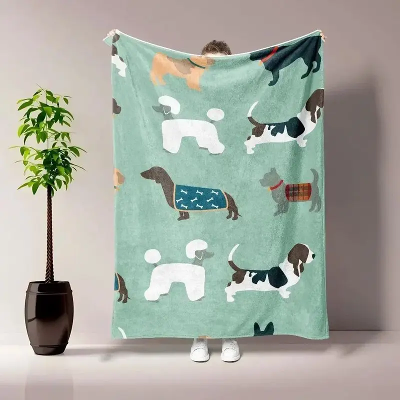 VIKAMA Cartoon Dachshund Flannel Throw Blanket Cute Sausage Dog Wearing Sweater Print Pet Home Decor Sofa Camping Gift Blanket