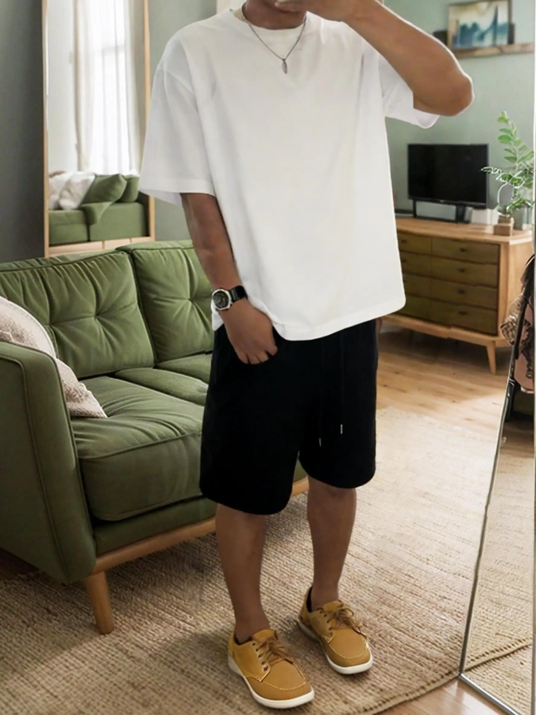 

Vacation Tee & Pants Solid Men Retro T Shirt Suit Casual Loose Cotton Tee Trendy Drawstring Pants Summer Unisex O-Neck Soprtsuit