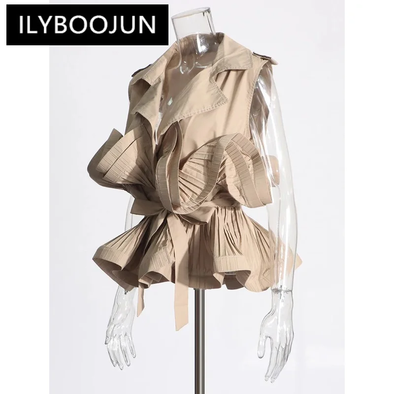 ILYBOOJUN Solid Temperament Spliced Folds Shirt For Women Lapel Sleeveless Patchwork Lace Up Designer Blouses Female Fashion