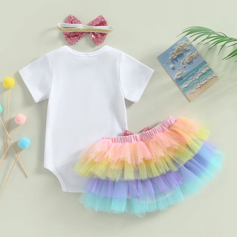 

Baby Girls 3Pcs Birthday Outfits Short Sleeve Letter Romper Tutu Shorts Headband Set