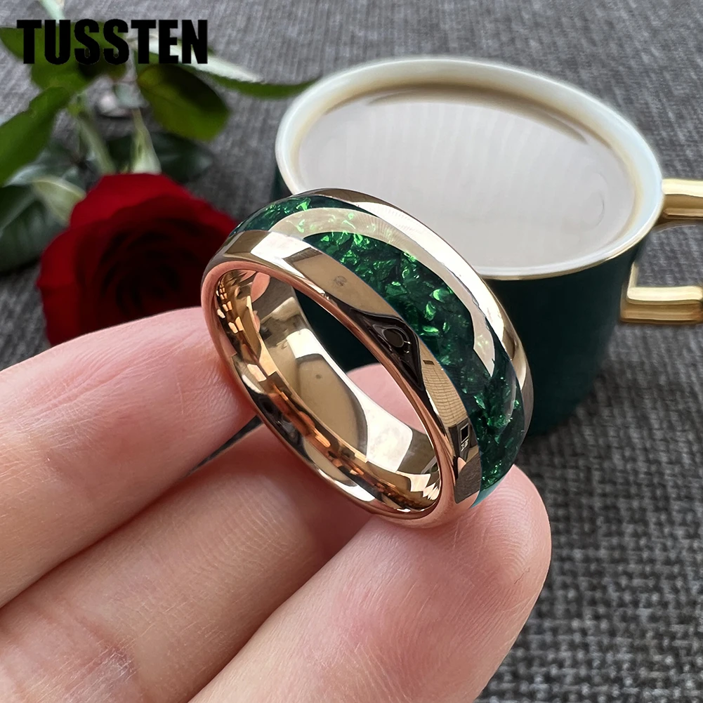 TUSSTEN 4/6/8MM Men's and Women's Wedding Tungsten Ring Green Crystal Stone Inlaid Comfortable Fit