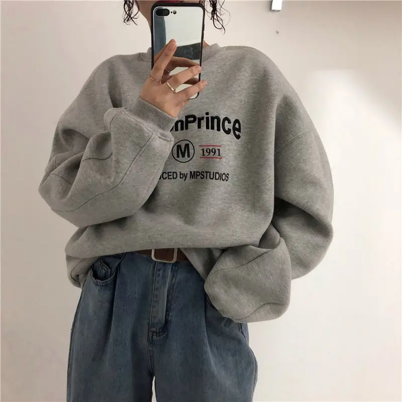 

Vintage gray round neck hooded sweatshirt for women spring and autumn thin ins trendy loose lazy style Korean style y2k top emo