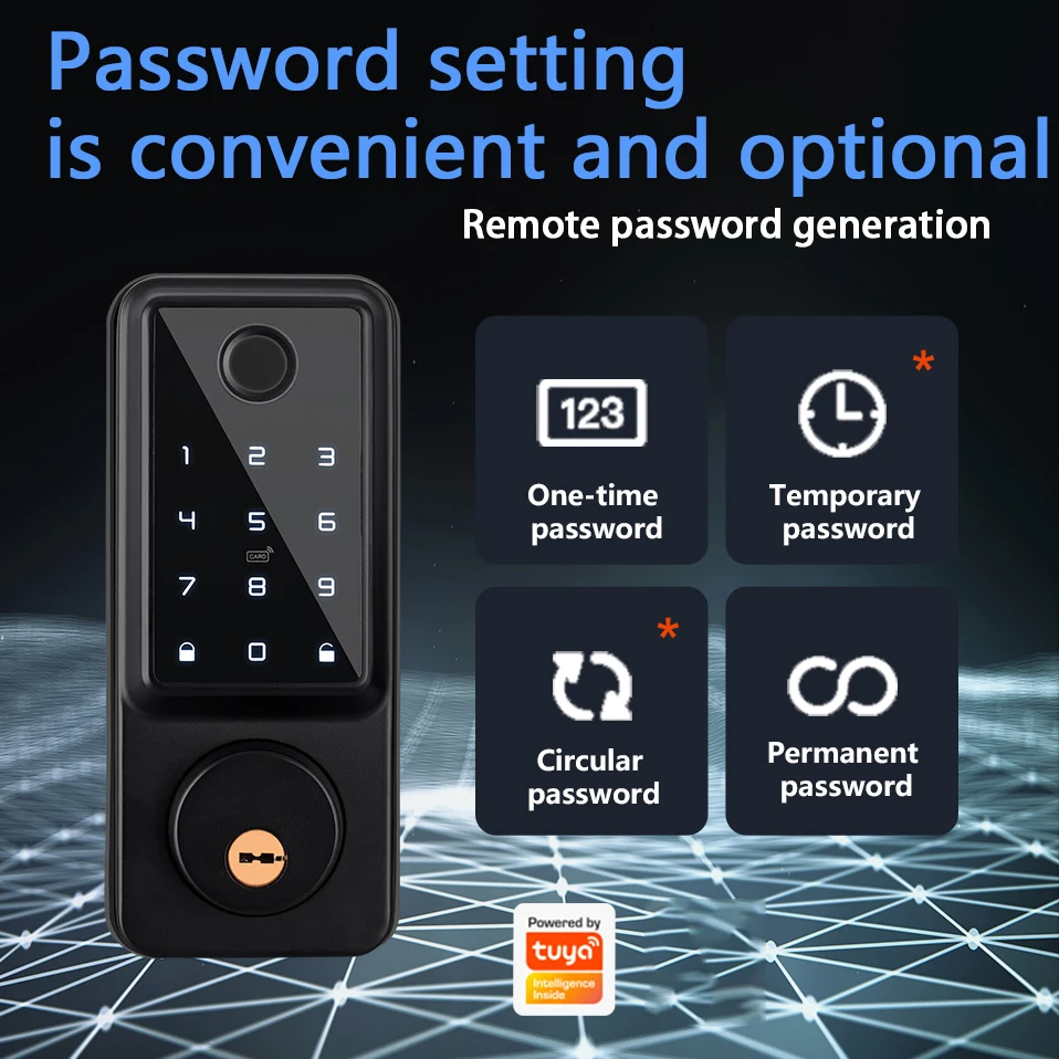 قفل ديدبولت الذكي مع مفتاح بطاقة IC بكلمة مرور بصمة الإصبع، قفل باب دخول بدون مفتاح مع قفل TTlock أو Tuya Wifi، 100 رمز مستخدم
