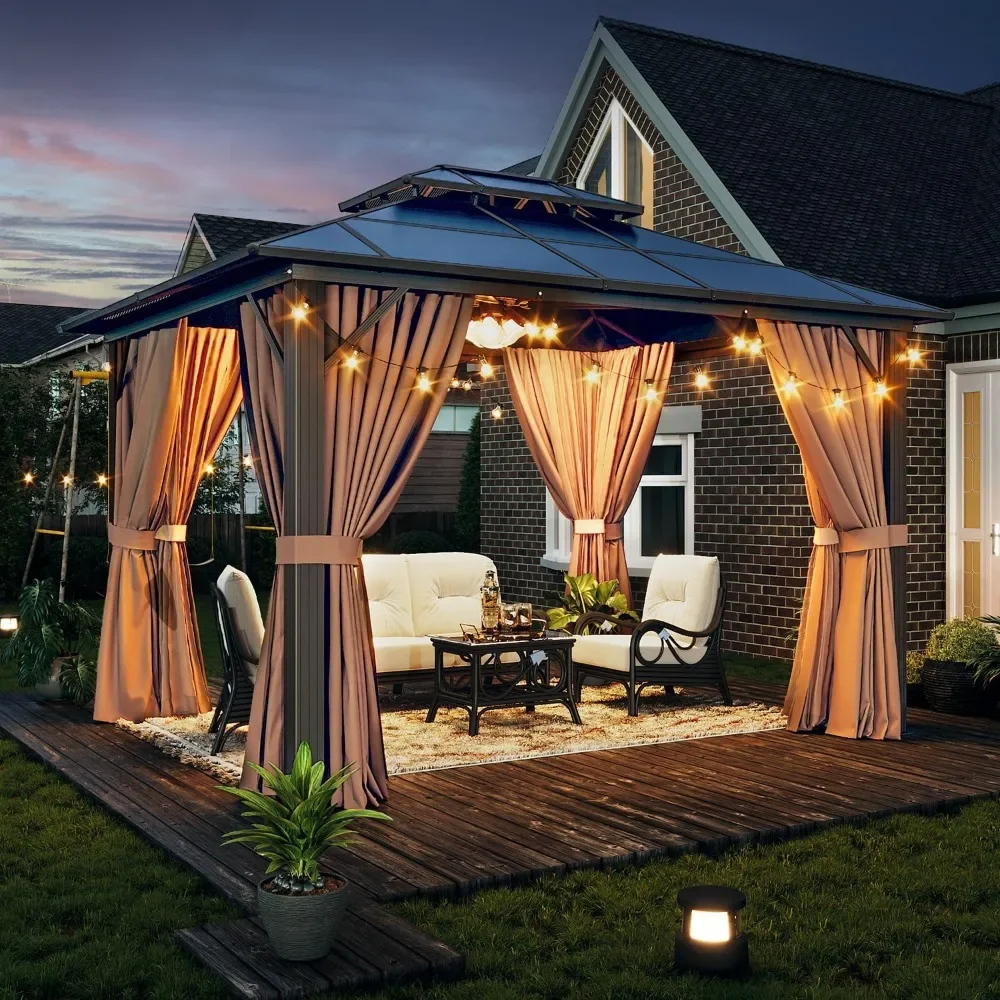 10'x12' Canopy, Double Roof Gazebo, Aluminum Frame Permanent Pavilion with Netting and Curtains, Canopy