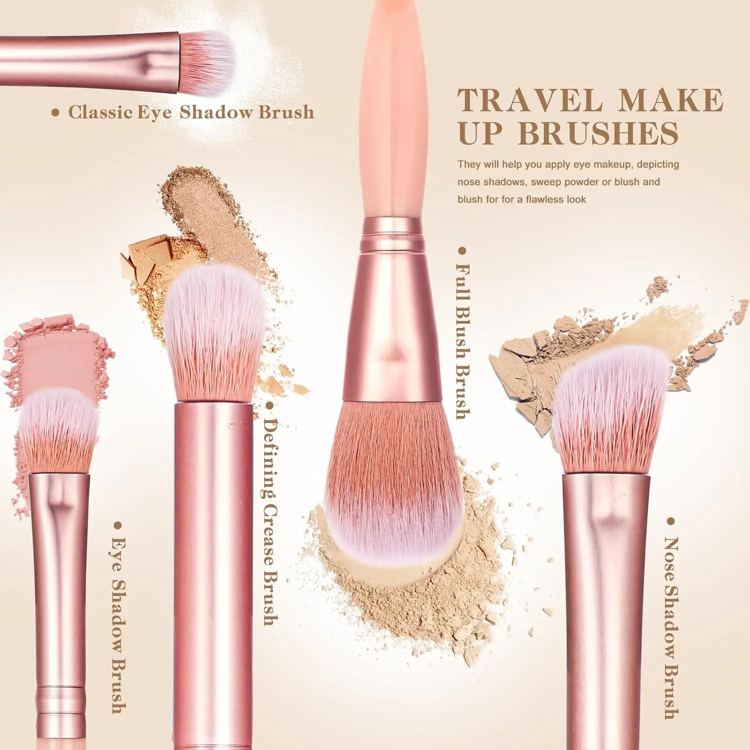 Set di pennelli per trucco da 5 pezzi con specchio, kit cosmetico portatile per fard in polvere morbida da viaggio