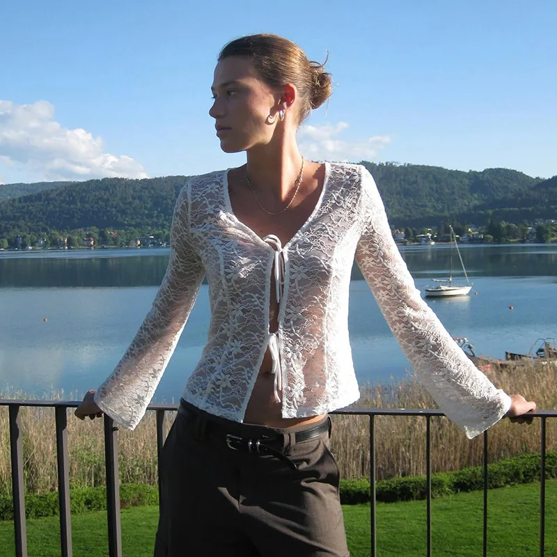 

Женские кружевные тонкие прозрачные топы, рубашки, женские осенне-весенние топы с длинными рукавами на шнурке, женские модные рубашки для путешествий и отдыха