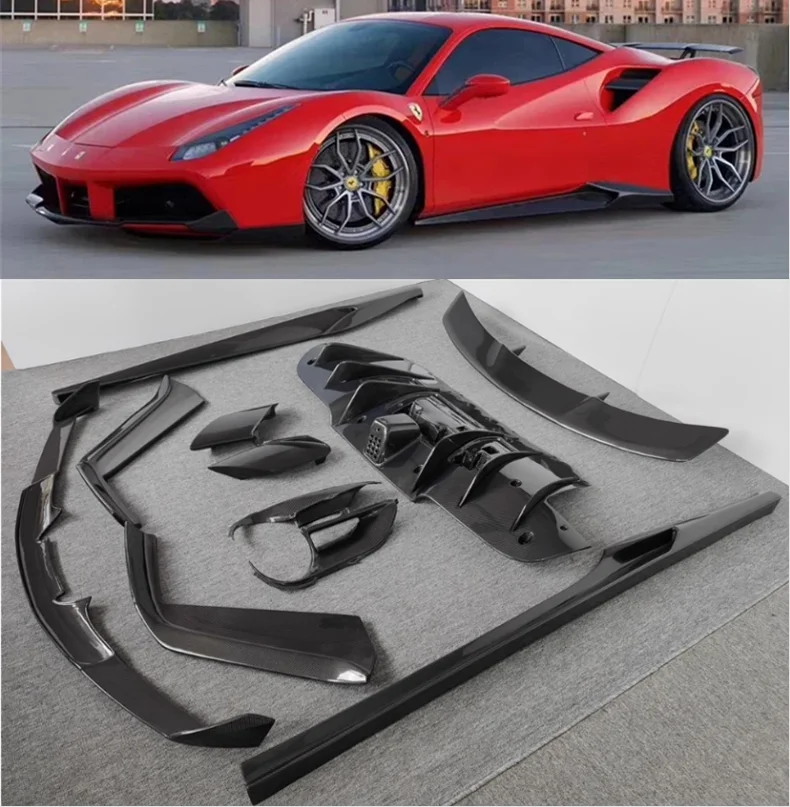 

Carbon Fiber Front Bumper Lip Rear Spoiler Trunk Diffuser Side Skirt Body Full Kit For Ferrari 488 GTB 2015-2023